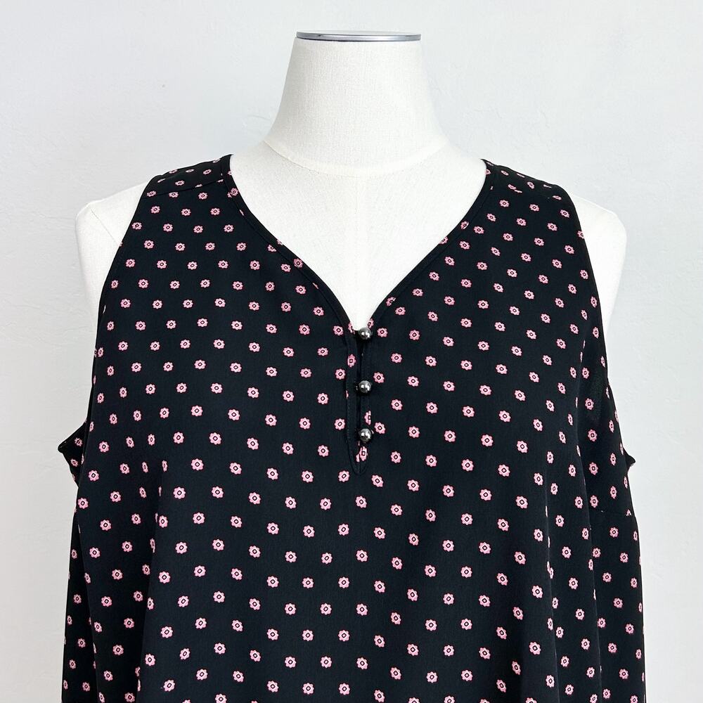 Lane Bryant Black Pink Polka Dot Button Neckline Sleeveless Tank Blouse NWT